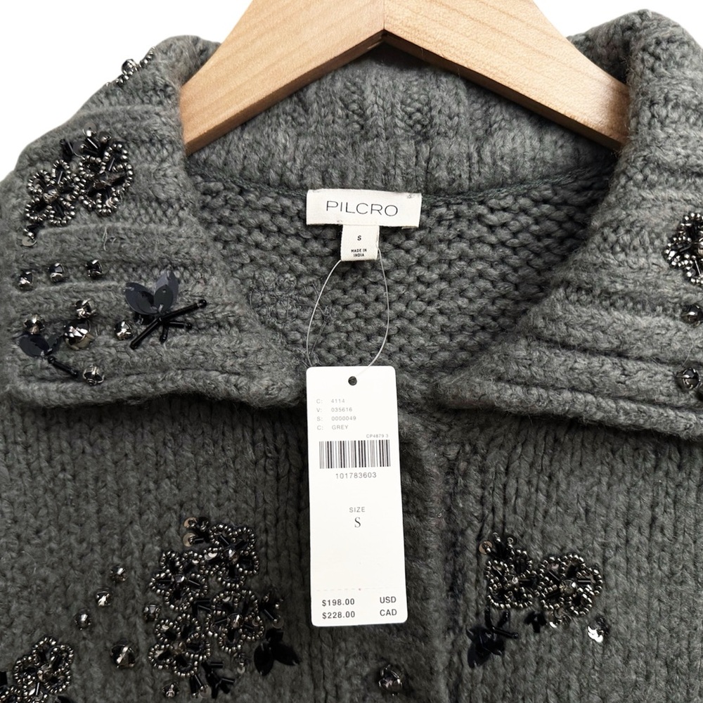 NWT Anthropologie Pilcro Embellished Floral Collared Cardigan Sweater Grey - Picture 6 of 8